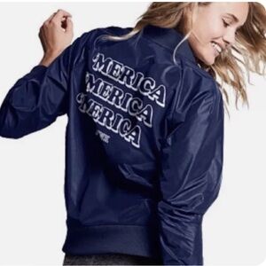 Victoria’s Secret PINK Merica flag blue satiny patriotic bomber jacket coat USA